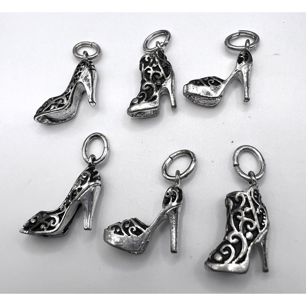 Silver Tone High Heel Shoe Charms Lot of 6 Fashion Boot Pendant Charms‎